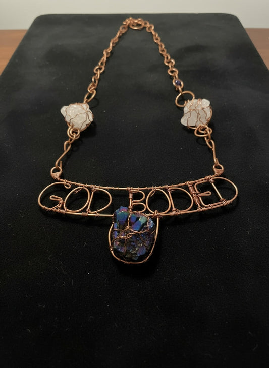 Large statement, crystal and name wire wrapped copper necklace