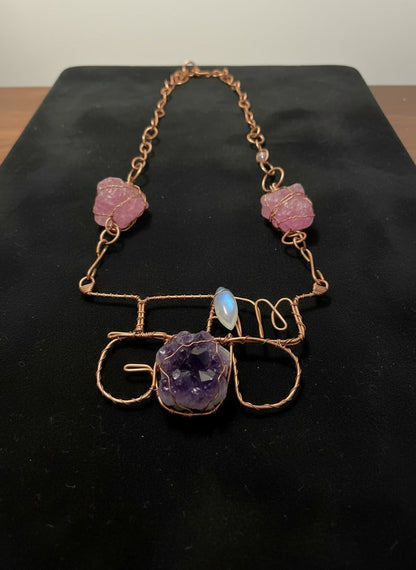 Large statement, crystal and name wire wrapped copper necklace