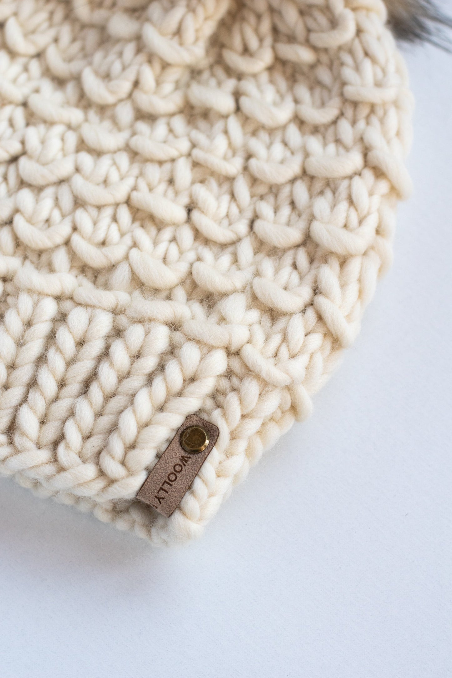 Ivory Peruvian Wool Knit Hat with Faux Fur Pom Pom