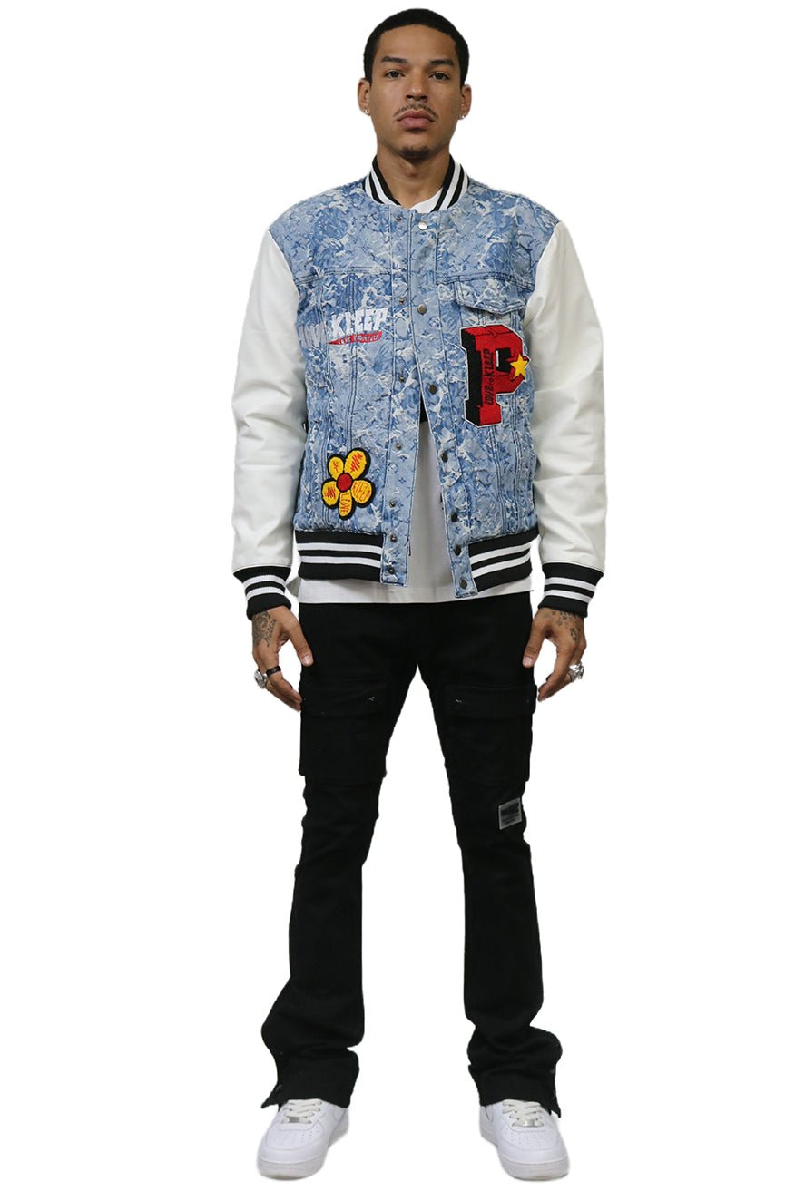 FLEX Men's Jacquard Body with faux Leather Sleeve Varsity Jacket