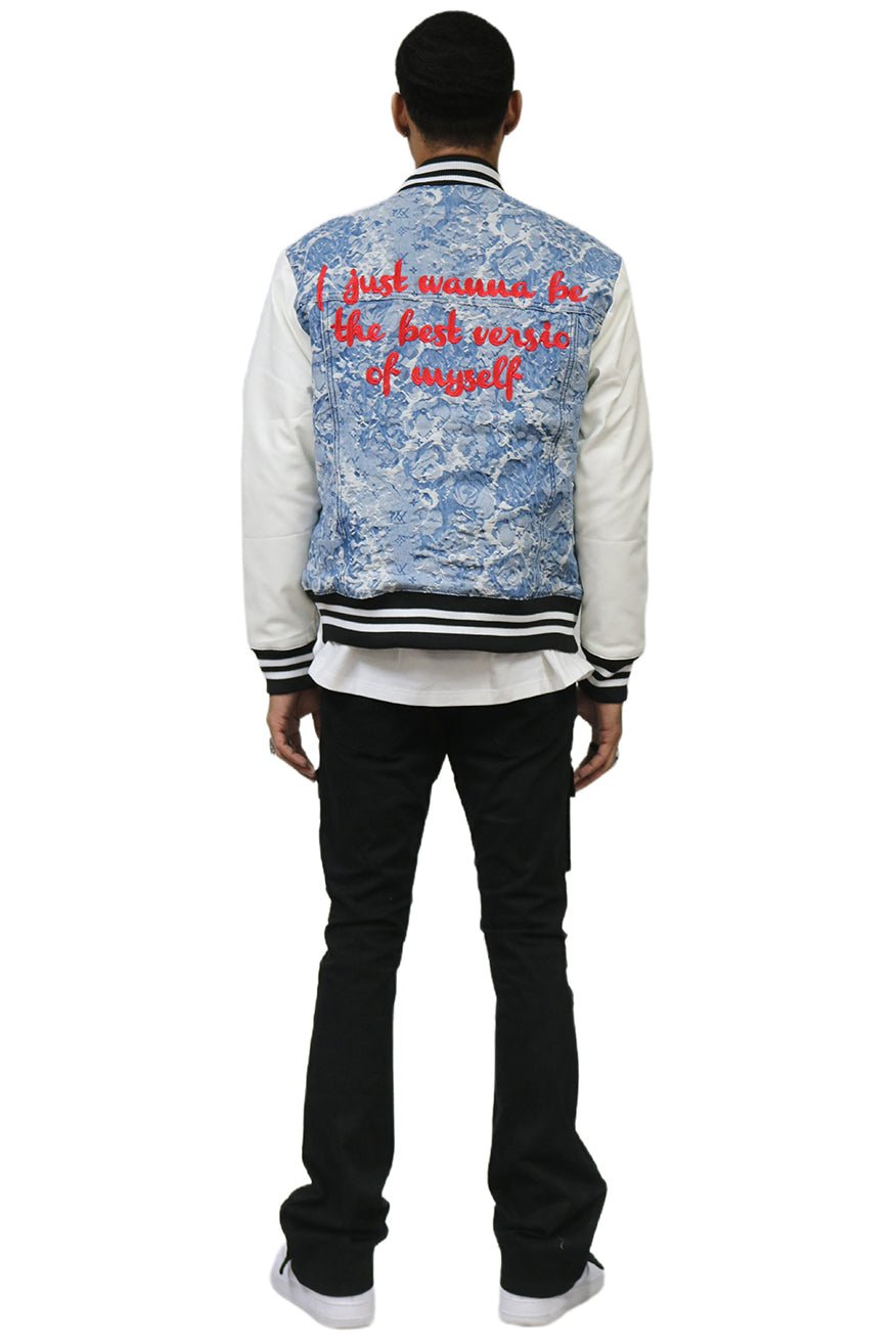 FLEX Men's Jacquard Body with faux Leather Sleeve Varsity Jacket