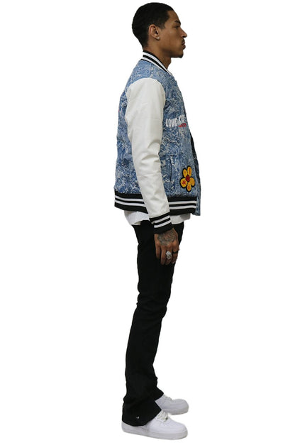 FLEX Men's Jacquard Body with faux Leather Sleeve Varsity Jacket