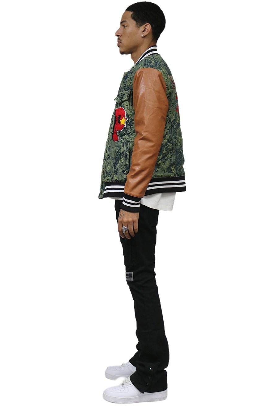 ROBIN Men's Jacquard Body with faux Leather Sleeve Varsity Jacket