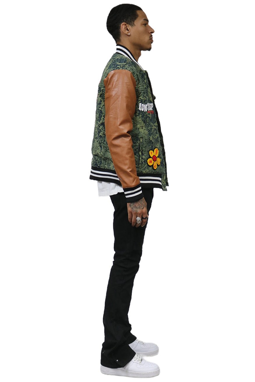 ROBIN Men's Jacquard Body with faux Leather Sleeve Varsity Jacket