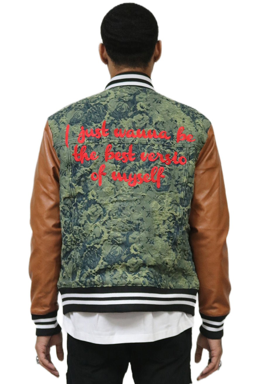 ROBIN Men's Jacquard Body with faux Leather Sleeve Varsity Jacket