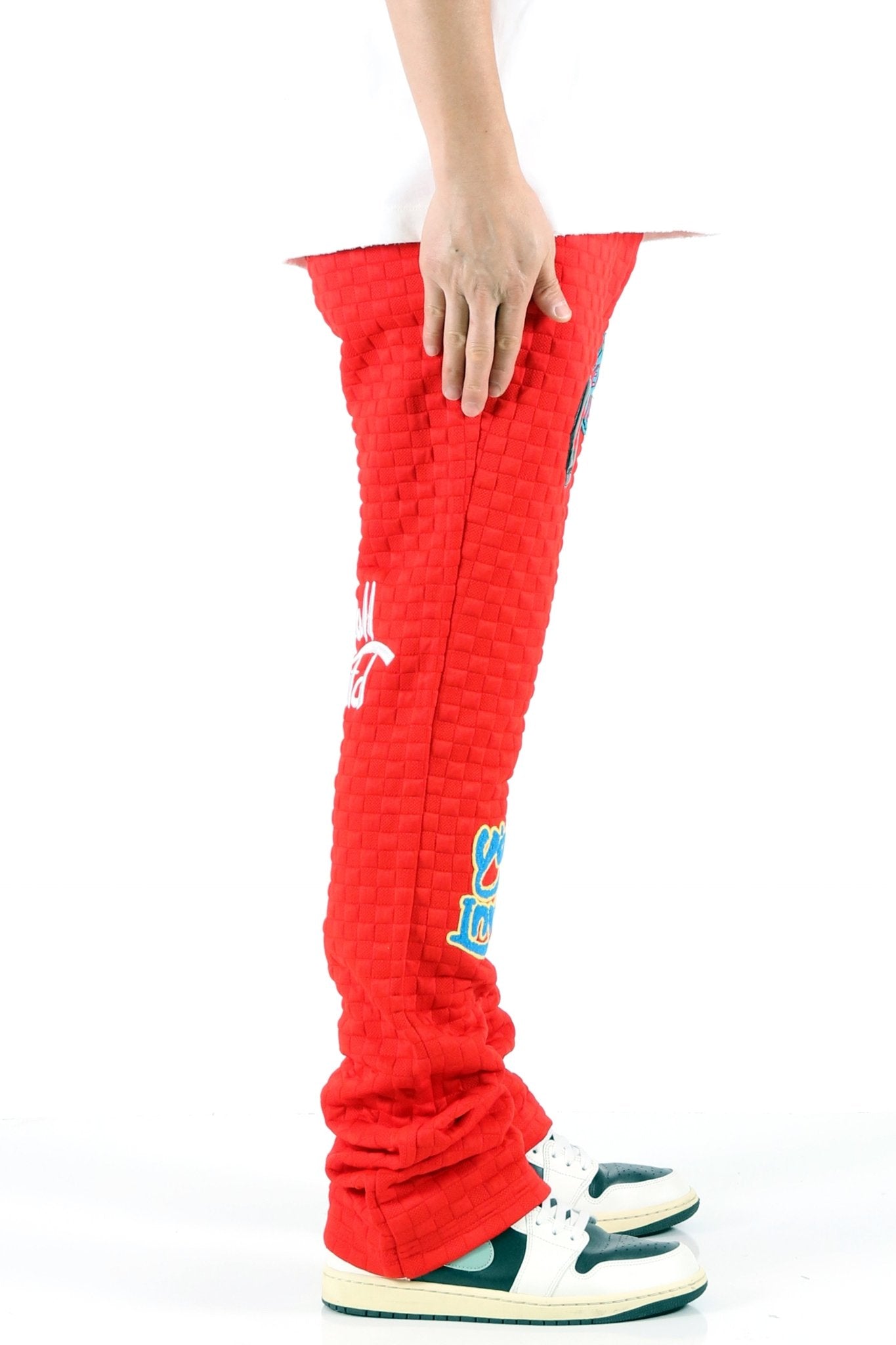ROJO Waffle fleece graphic skinny flare stacked pants