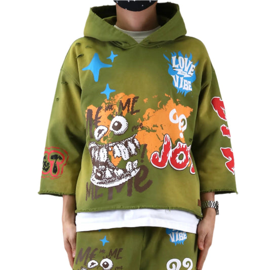 GARNIO French Terry 3/4 Sleeve Crop Top Pullover Hoodie