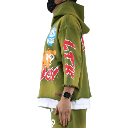 GARNIO French Terry 3/4 Sleeve Crop Top Pullover Hoodie