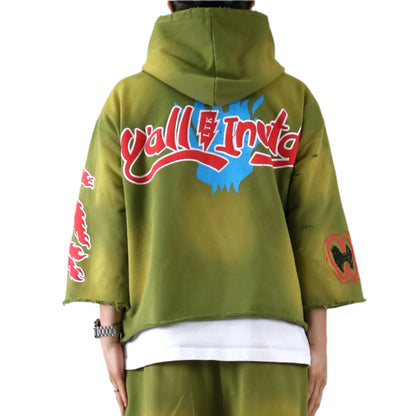 GARNIO French Terry 3/4 Sleeve Crop Top Pullover Hoodie