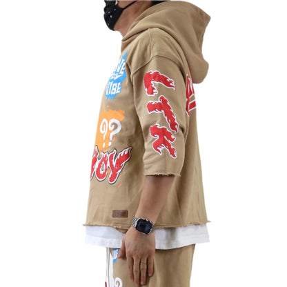 TRENT French Terry 3/4 Sleeve Crop Top Pullover Hoodie