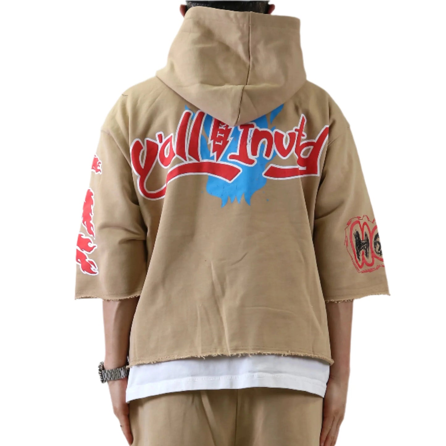 TRENT French Terry 3/4 Sleeve Crop Top Pullover Hoodie