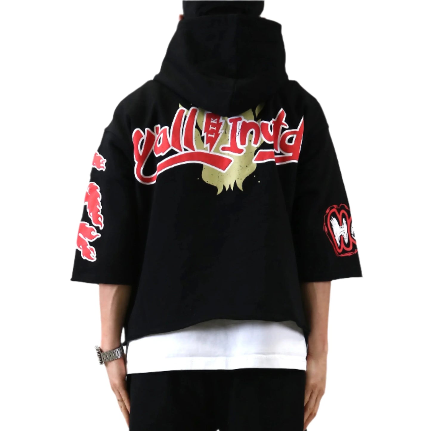 TROY French Terry 3/4 Sleeve Crop Top Pullover Hoodie