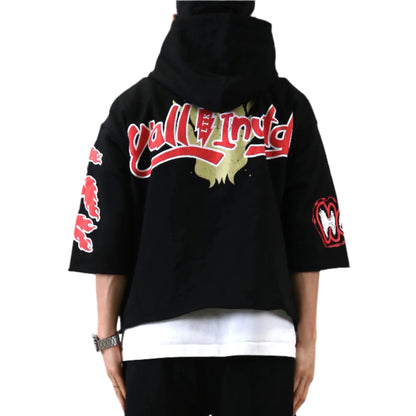 TROY French Terry 3/4 Sleeve Crop Top Pullover Hoodie