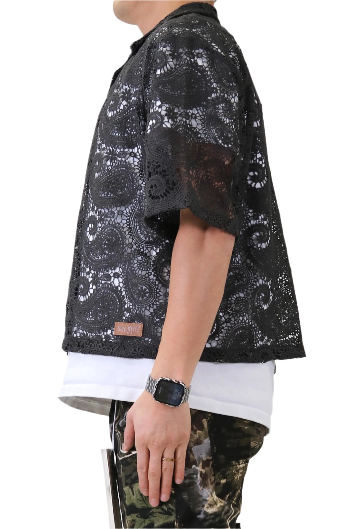 ELUX Paisley Mesh Crop Top Short Sleeve Buttondown Shirt