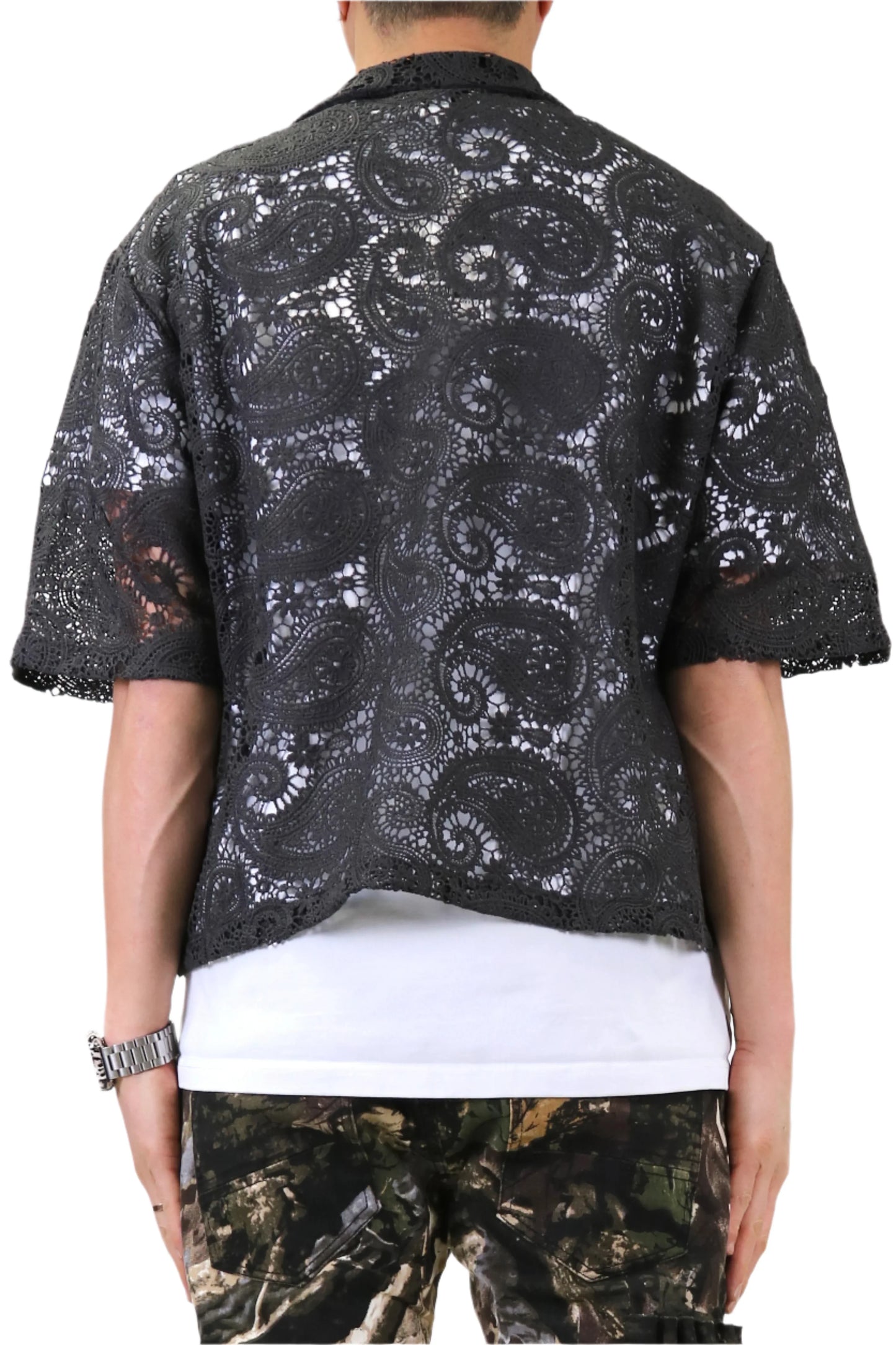 ELUX Paisley Mesh Crop Top Short Sleeve Buttondown Shirt