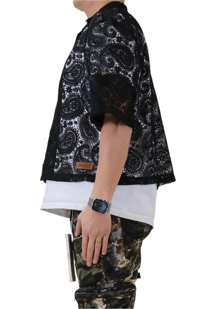 HELWIT Paisley Mesh Crop Top Short Sleeve Buttondown Shirt