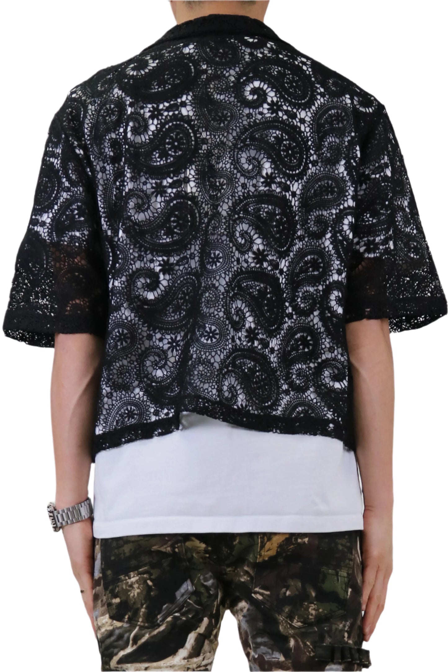 HELWIT Paisley Mesh Crop Top Short Sleeve Buttondown Shirt