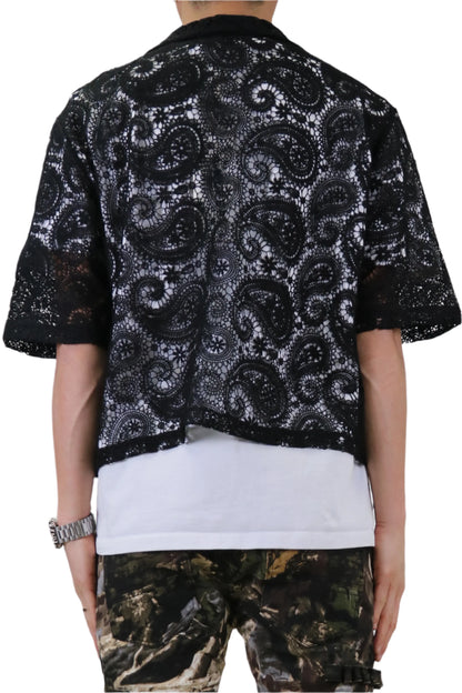 HELWIT Paisley Mesh Crop Top Short Sleeve Buttondown Shirt