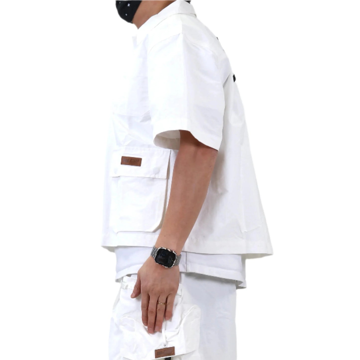 Revol Fine Nylon Twill Boxy Cut Crop Top Short sleeve Buttondown Shirt