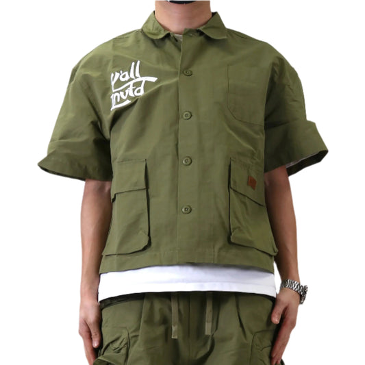 Vont Fine Nylon Twill Boxy Cut Crop Top Short sleeve Buttondown Shirt