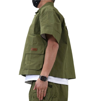 Vont Fine Nylon Twill Boxy Cut Crop Top Short sleeve Buttondown Shirt