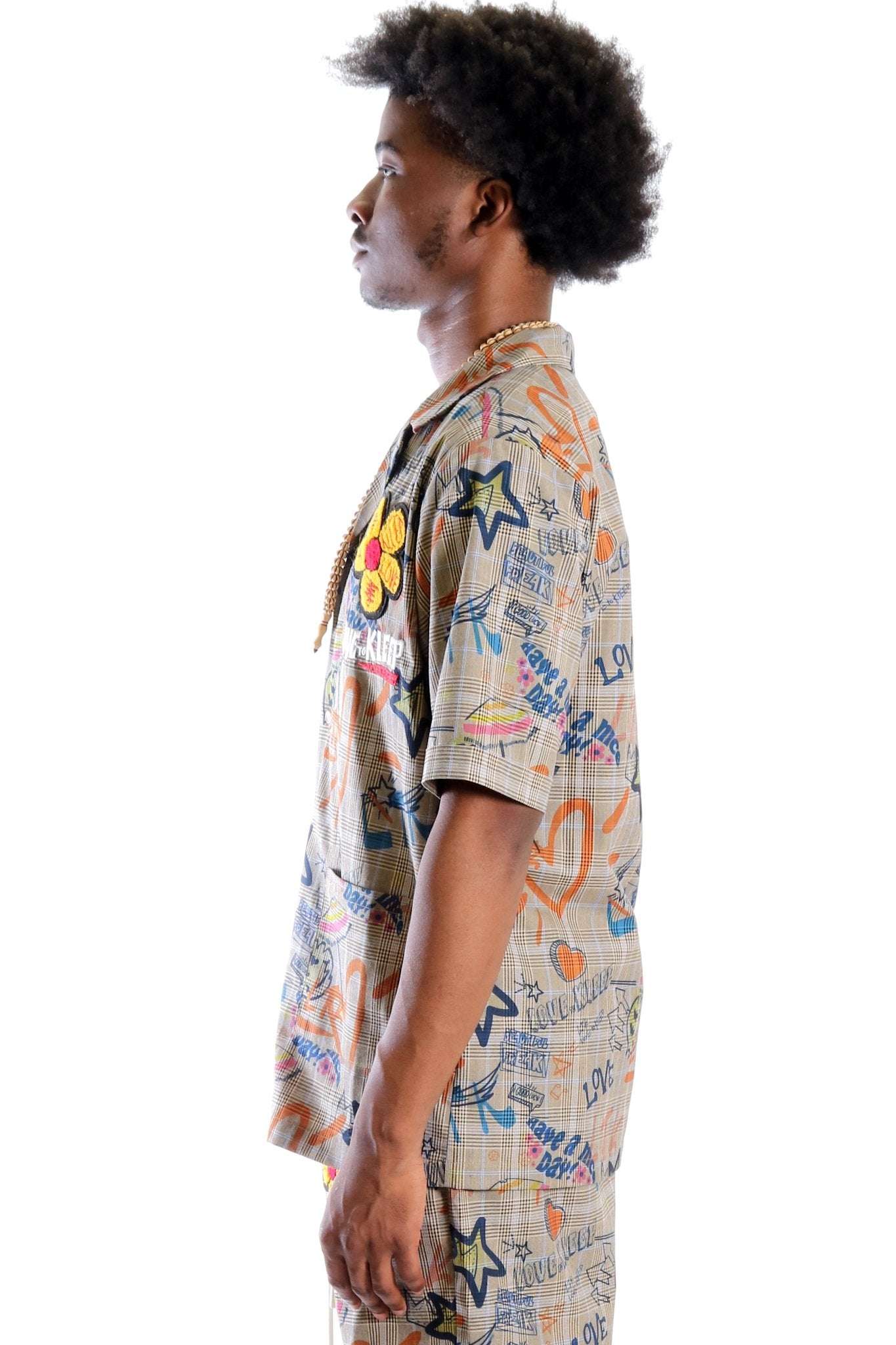 Velo L.T.K. Men's premium Short Sleeve Plaid button down shirt with hand sketch drawing pop art