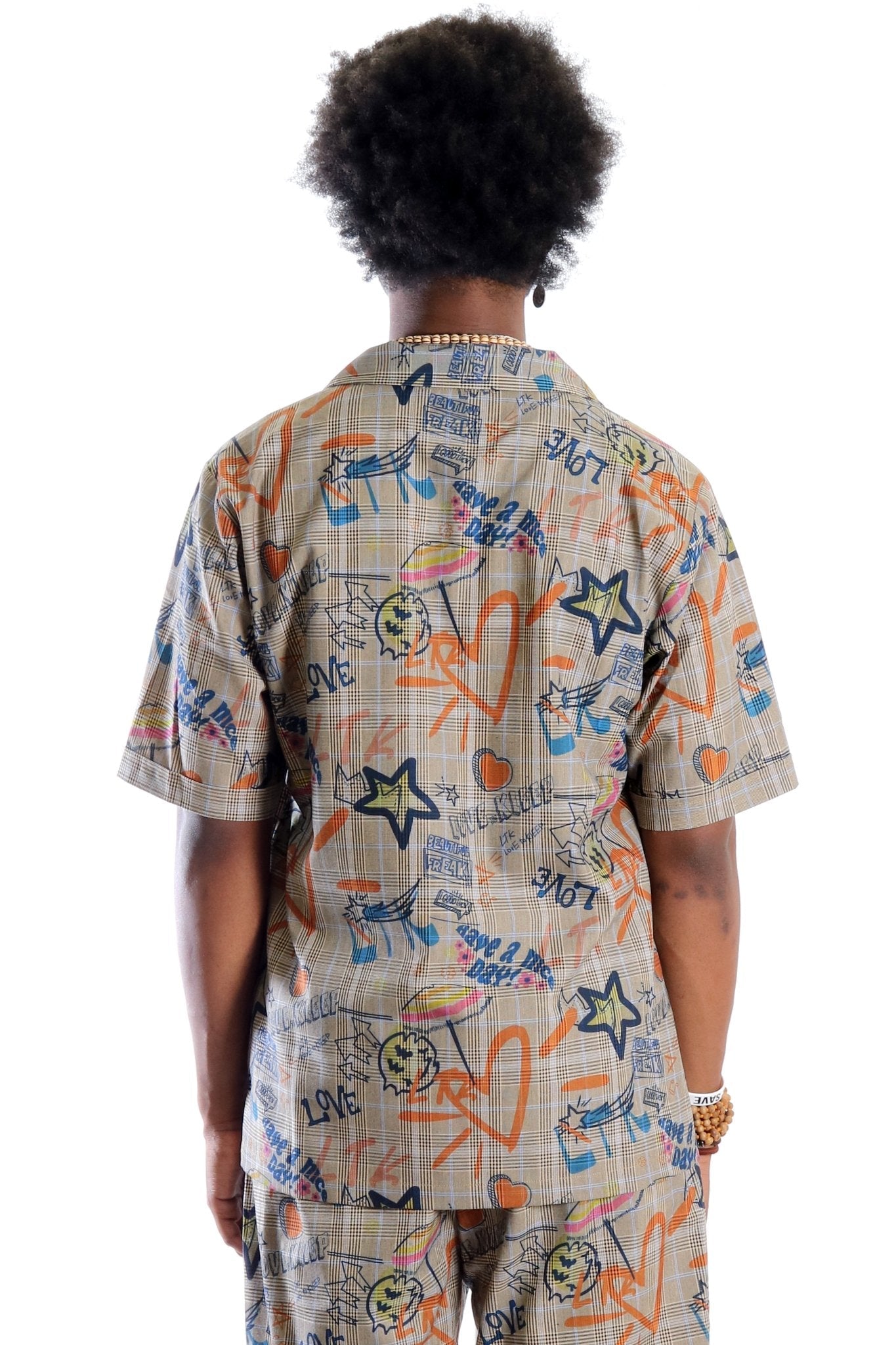 Velo L.T.K. Men's premium Short Sleeve Plaid button down shirt with hand sketch drawing pop art