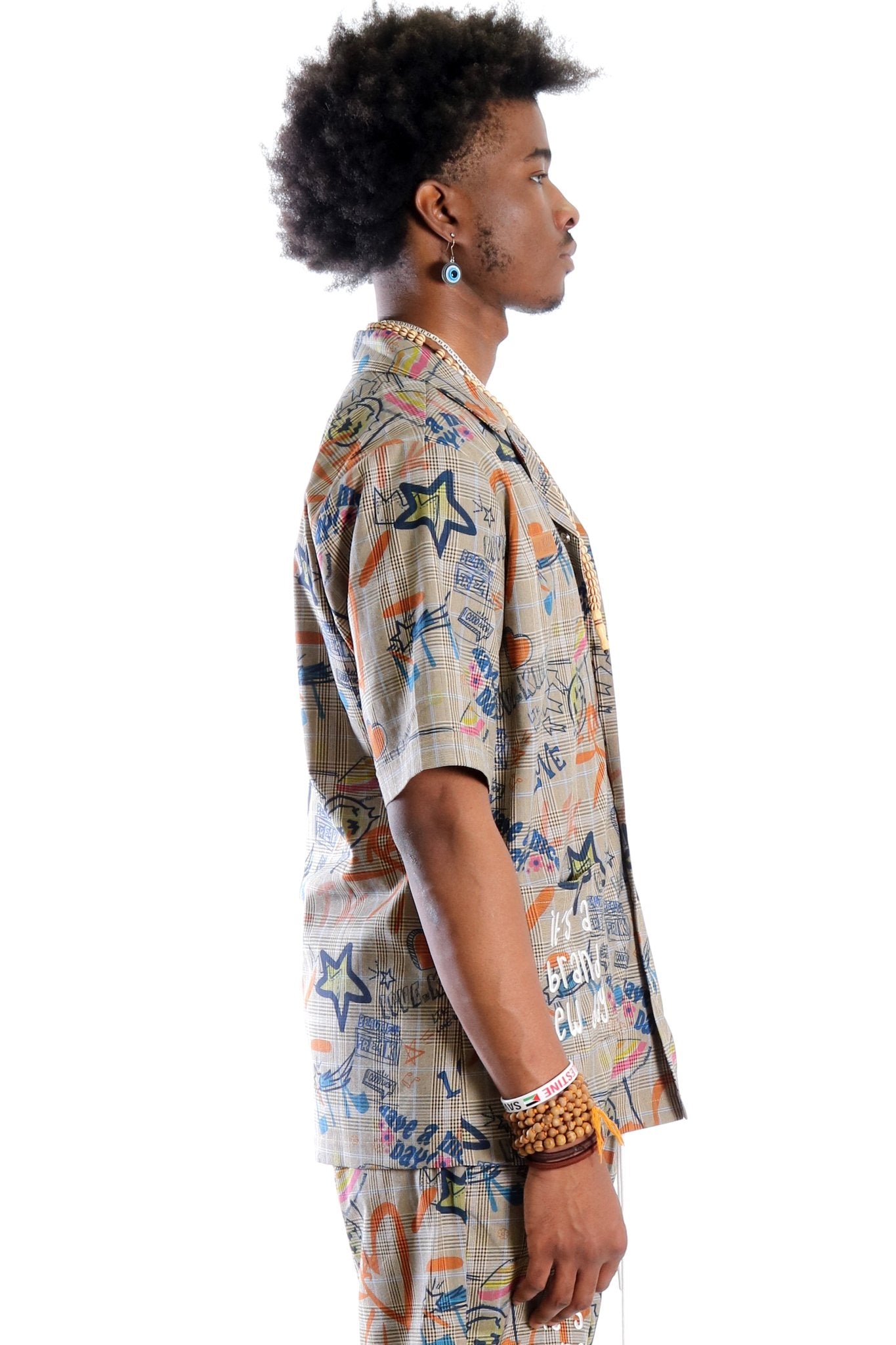 Velo L.T.K. Men's premium Short Sleeve Plaid button down shirt with hand sketch drawing pop art