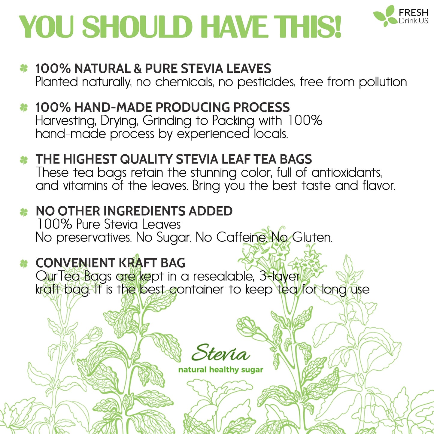 Stevia Leaf Tea Bags, 100% Natural & Pure Stevia leaves, Eco-Conscious Tea Bags, Stevia Herbal Tea. Stevia Leaf Tea. No Sugar, No Caffeine, No Gluten, Vegan