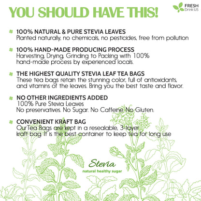 Stevia Leaf Tea Bags, 100% Natural & Pure Stevia leaves, Eco-Conscious Tea Bags, Stevia Herbal Tea. Stevia Leaf Tea. No Sugar, No Caffeine, No Gluten, Vegan