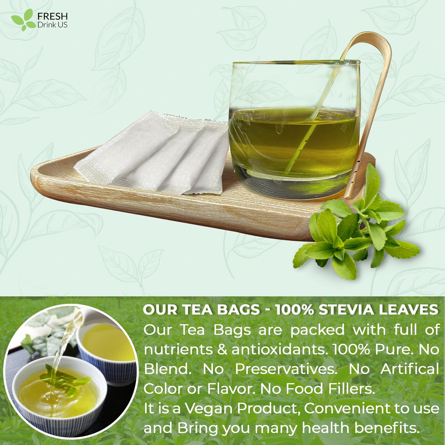 Stevia Leaf Tea Bags, 100% Natural & Pure Stevia leaves, Eco-Conscious Tea Bags, Stevia Herbal Tea. Stevia Leaf Tea. No Sugar, No Caffeine, No Gluten, Vegan