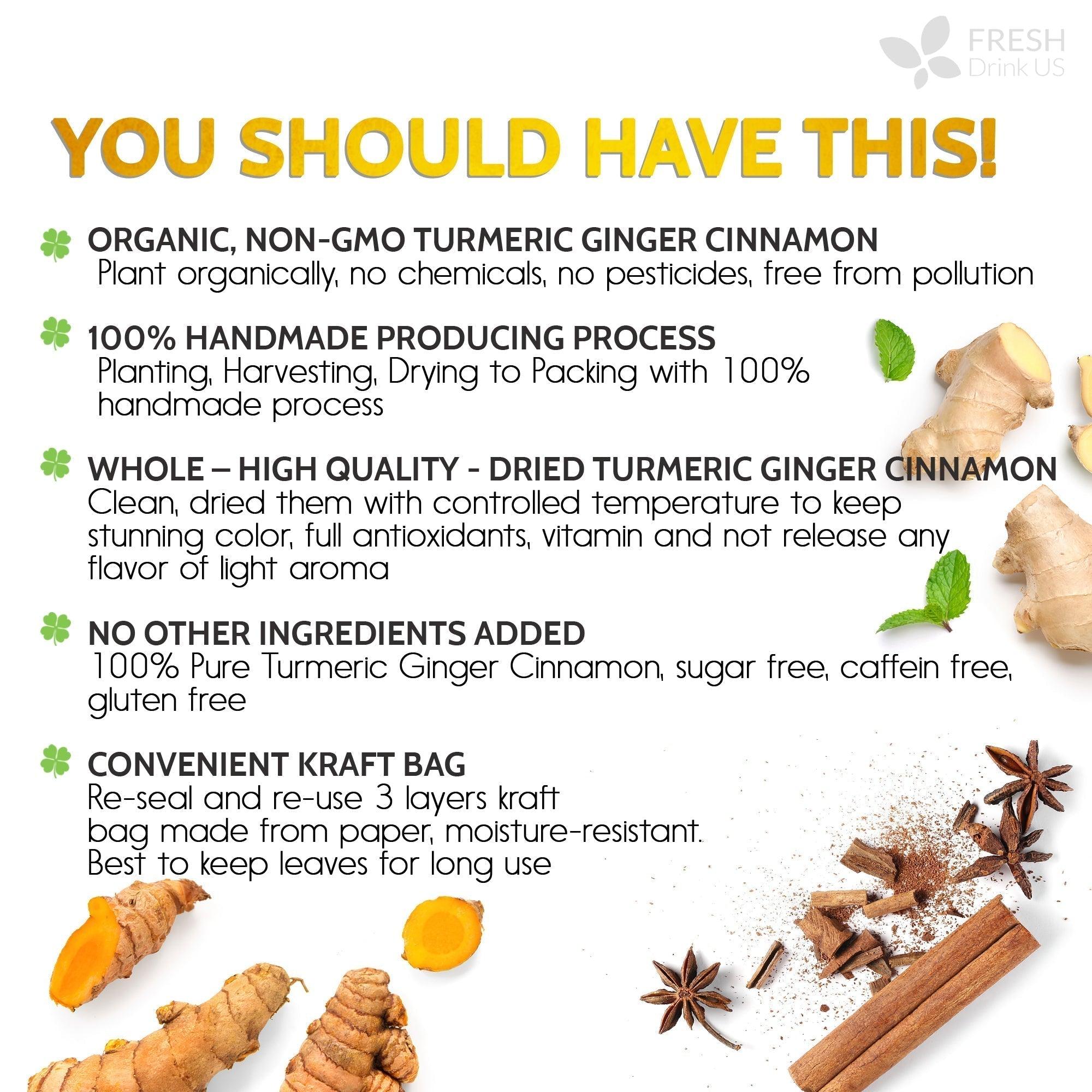 Turmeric Ginger, Cinnamon Tea, Tea Bags, 100% Natural, Hand-made, No Sugar, No Caffeine, No Gluten, Vegan