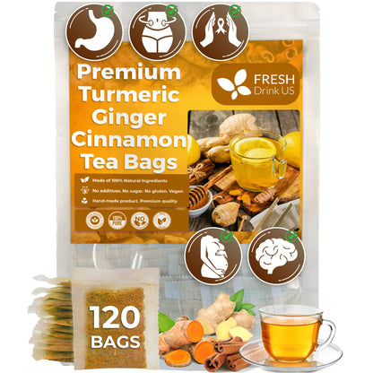 Turmeric, Ginger, Cinnamon Tea, Tea Bags, 100% Natural, Hand-made Blend of Turmeric, Ginger, and Cinnamon. Eco-conscious Tea Bags. Turmeric Ginger Herbal Tea. No Sugar, No Caffeine, No Gluten, Vegan.