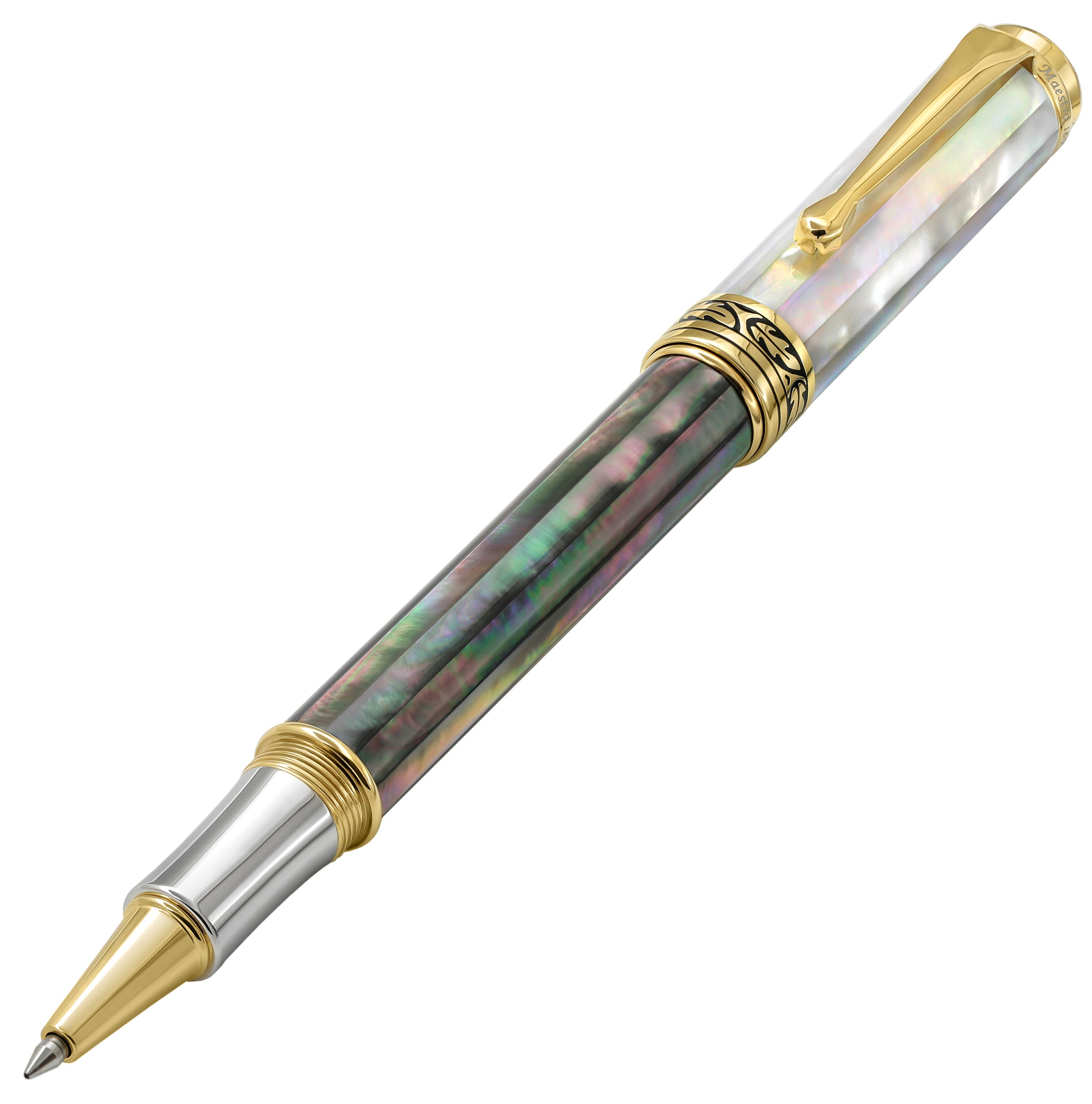 Xezo Maestro® Black and White Mother of Pearl Rollerball Pen - 18K Gold Plated