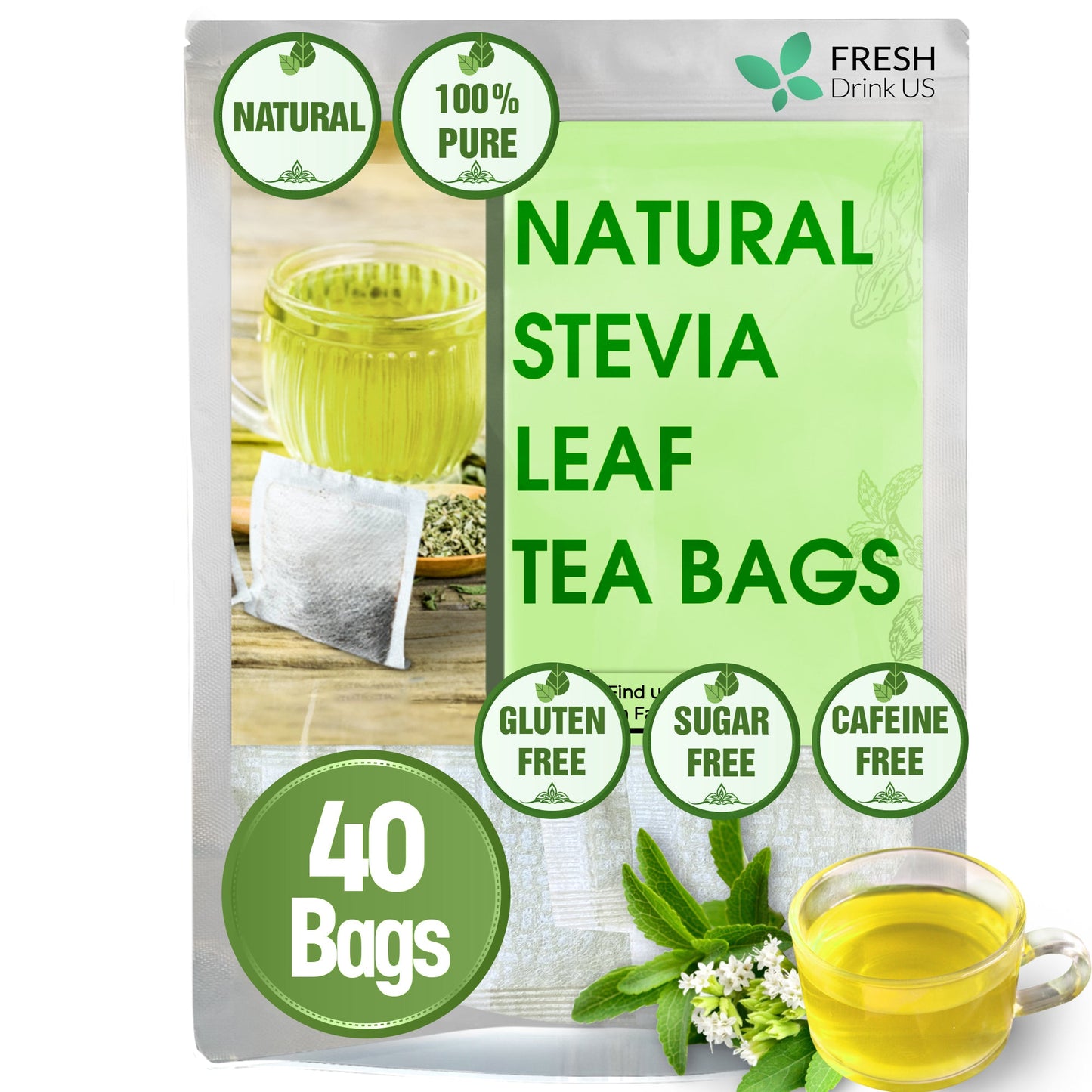 Stevia Leaf Tea Bags, 100% Natural & Pure Stevia leaves, Eco-Conscious Tea Bags, Stevia Herbal Tea. Stevia Leaf Tea. No Sugar, No Caffeine, No Gluten, Vegan