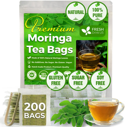 Moringa Leaf Tea Bags, 100% Natural & Pure from Moringa Leaves. Loose Leaf Moringa Herbal Tea. Moringa Leaf Tea. No Sugar, No Caffeine, No Gluten, Vegan