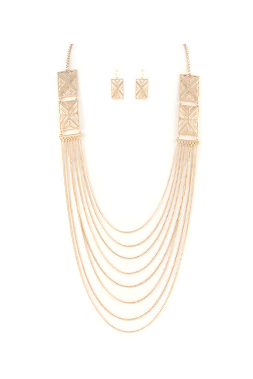 GOLD TRIBAL LAYERED SIMPLE NECKLACE EARRING SET