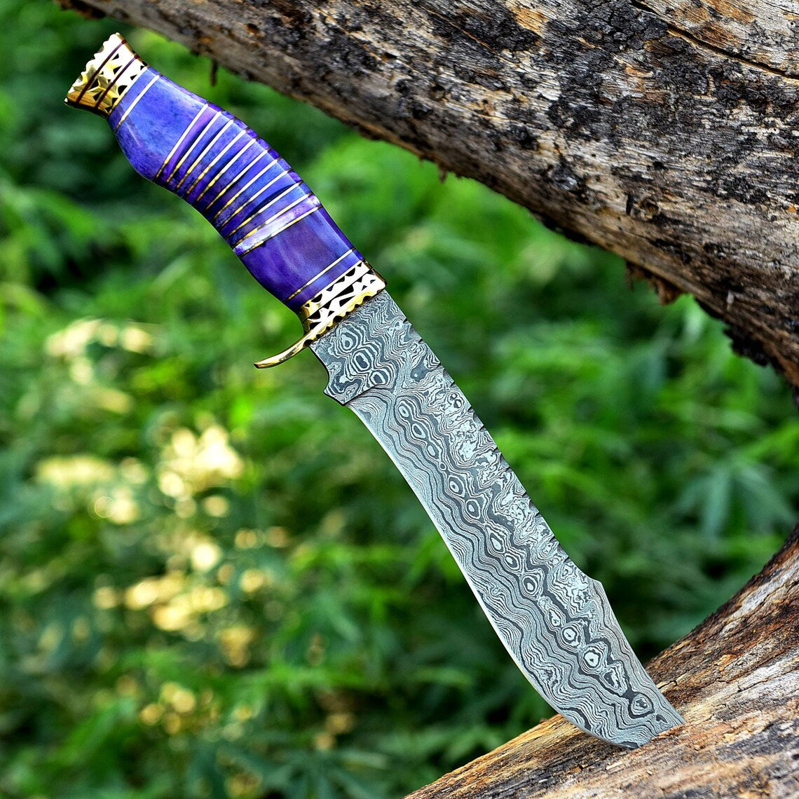 Vintage Original Damascus Steel Bowie Knife – 13" with Brass Guard and Camel Bone Handle