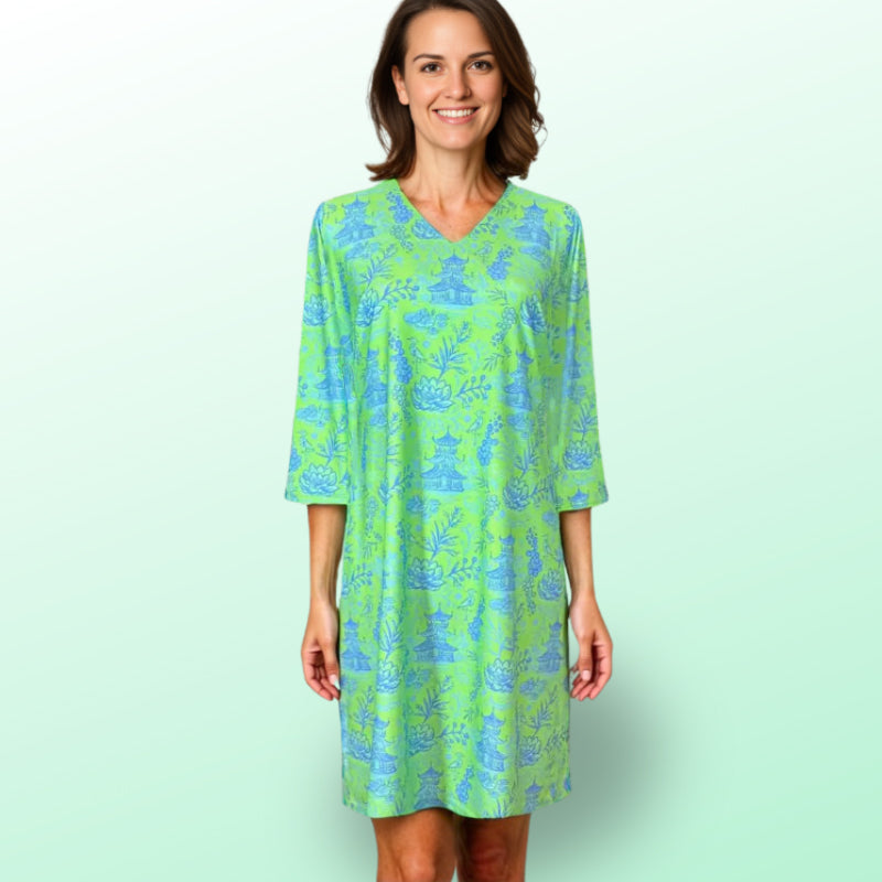 Brisbane V-Neck Dress in On The Road To Mandalay Green