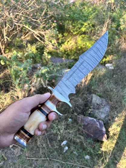 Damascus Steel Sub-Hilt Fighter Bowie Knife 14” – Premium Christmas Gift with Leather Sheath