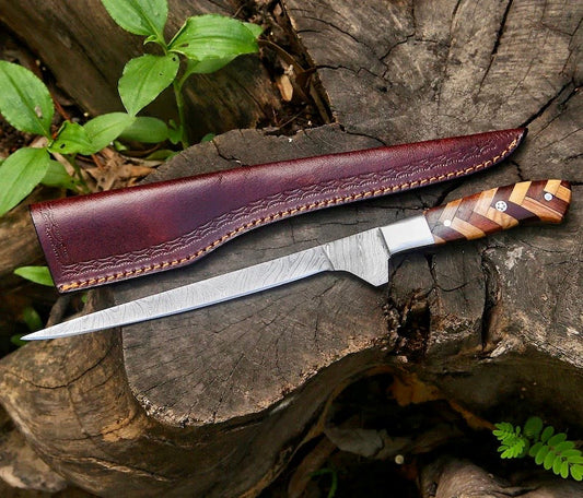 Handmade Damascus Fillet Knife 8” – Rosewood & Olive Wood Handle with Leather Sheath