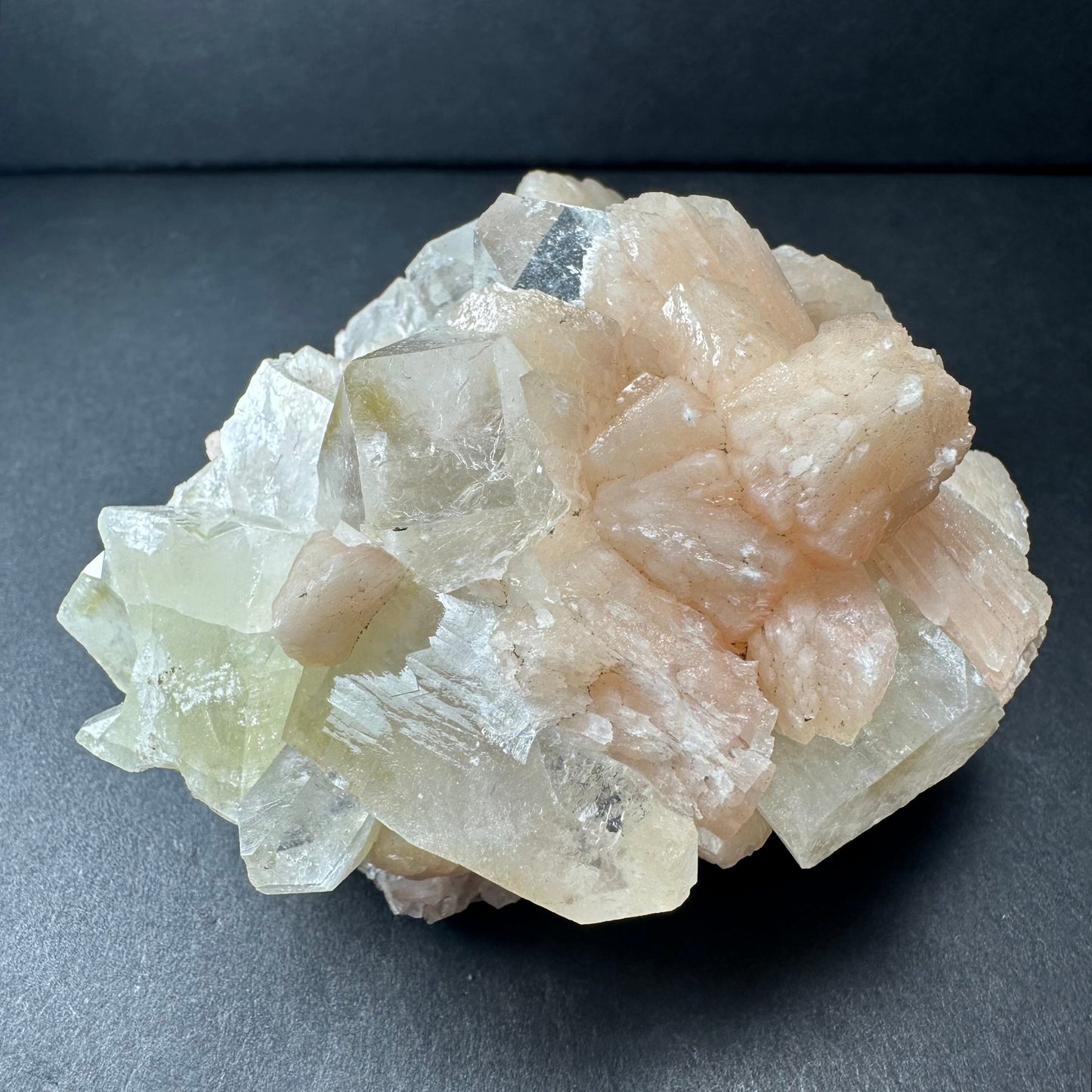 Green & Clear Apophyllite with Peach Stilbite on Matrix from India