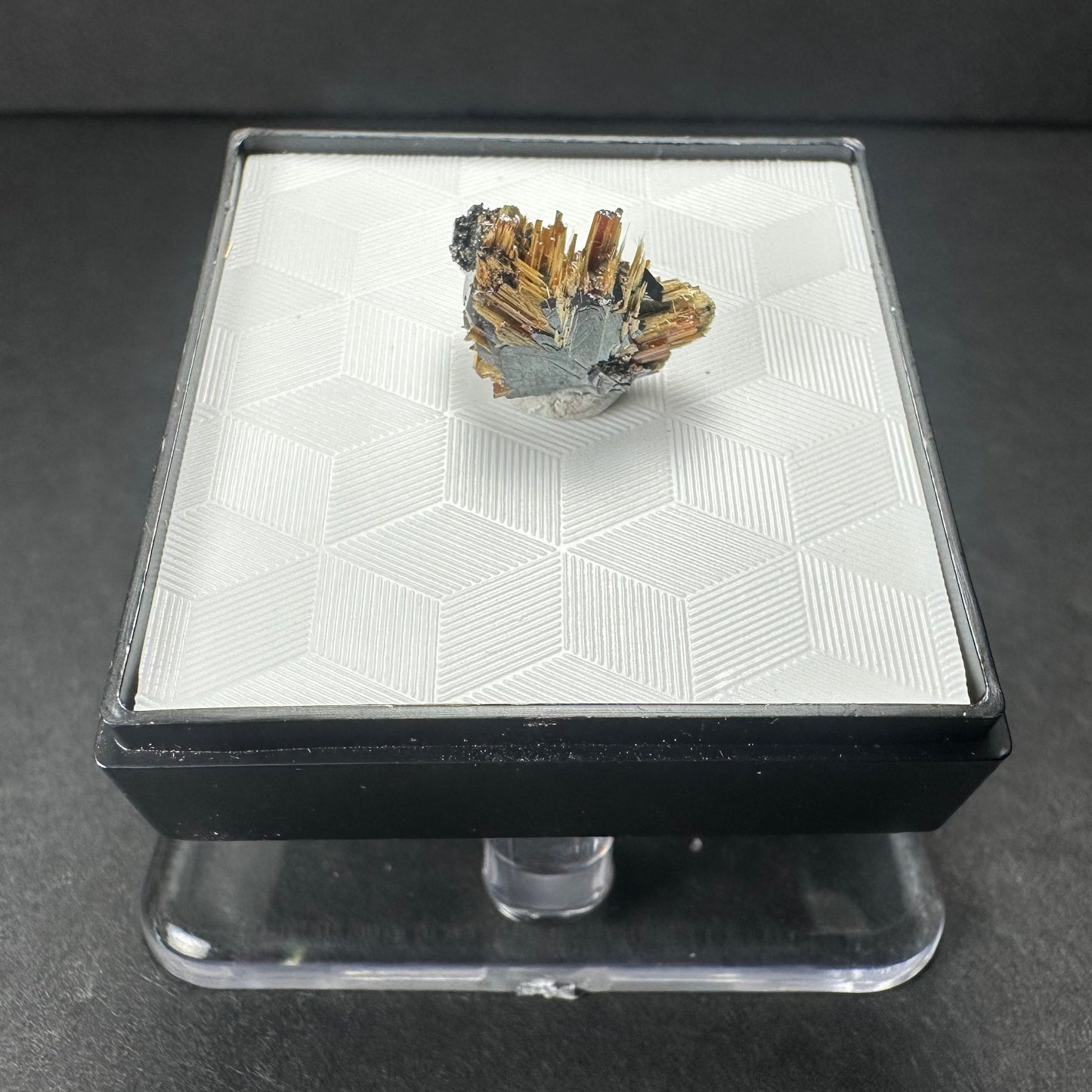 Golden Rutile on Hematite Micro Specimen in Acrylic Novo Horizonte, Bahia, Brazil