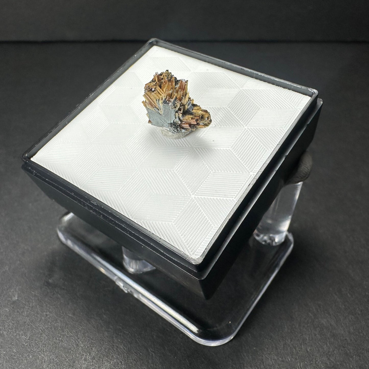 Golden Rutile on Hematite Micro Specimen in Acrylic Novo Horizonte, Bahia, Brazil