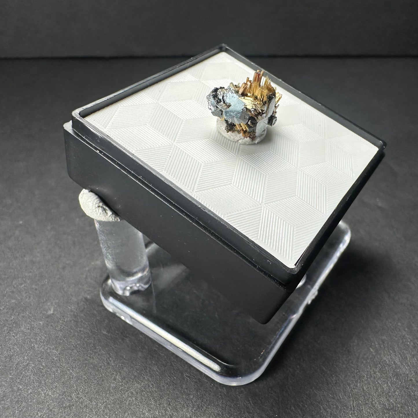 Golden Rutile on Hematite Micro Specimen in Acrylic Novo Horizonte, Bahia, Brazil