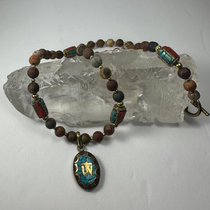 Turquoise & Red Coral Tibetan 'Om' Pendant on mixed Bead Necklace
