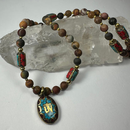 Turquoise & Red Coral Tibetan 'Om' Pendant on mixed Bead Necklace