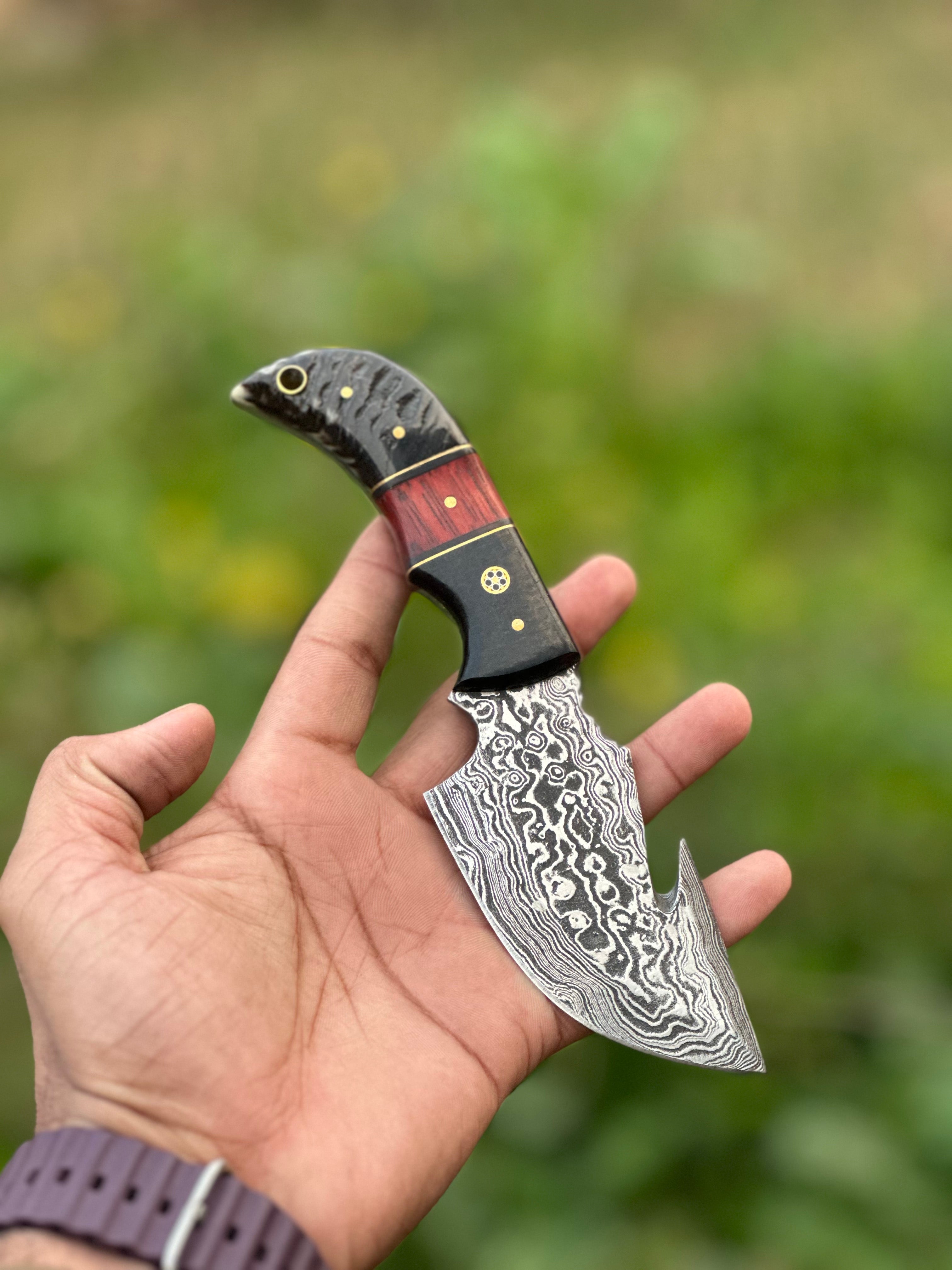 Premium Custom Handmade Damascus Steel Guthook Skinning Knife with Resin Handle - 7.5” Sharp Blade with Leather Sheath