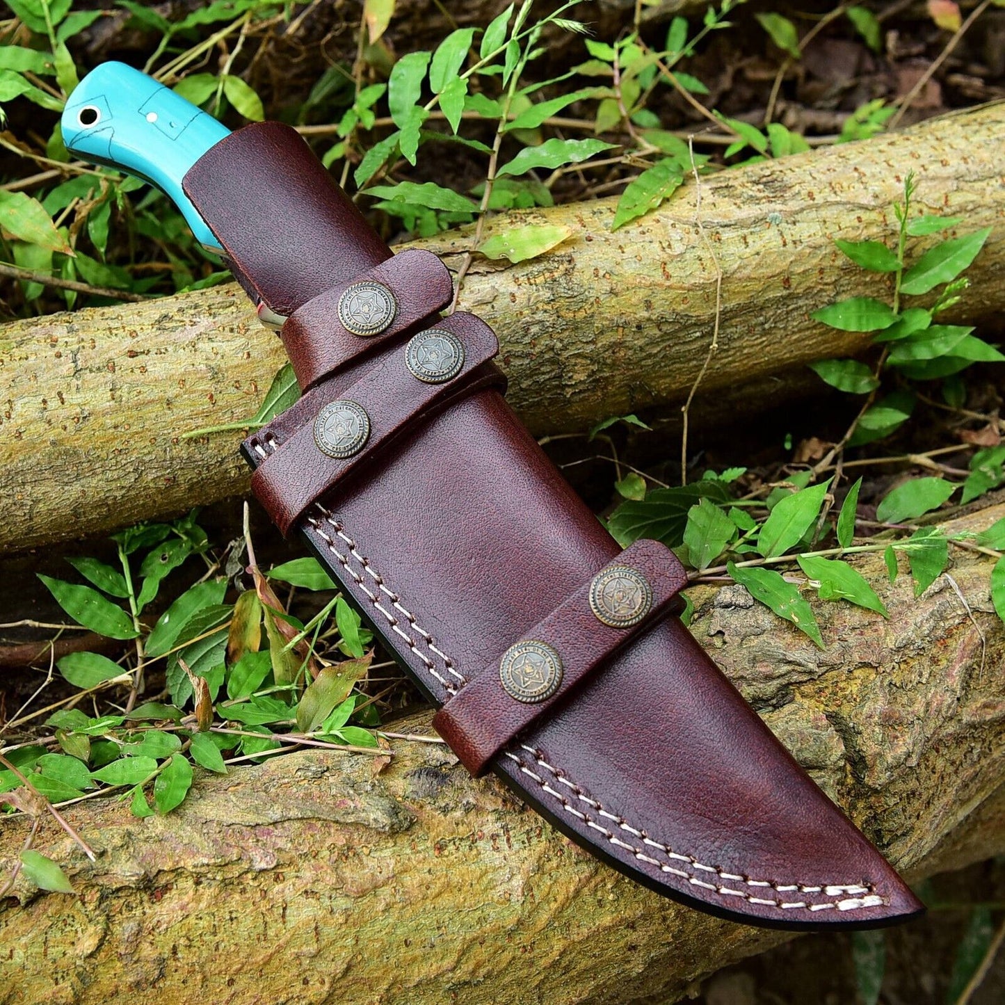 Custom Handmade Damascus Steel Hunting Knife – 10-Inch Blade with Resin Handle, Includes Leather Sheath