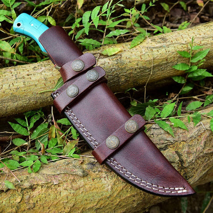 Custom Handmade Damascus Steel Hunting Knife – 10-Inch Blade with Resin Handle, Includes Leather Sheath